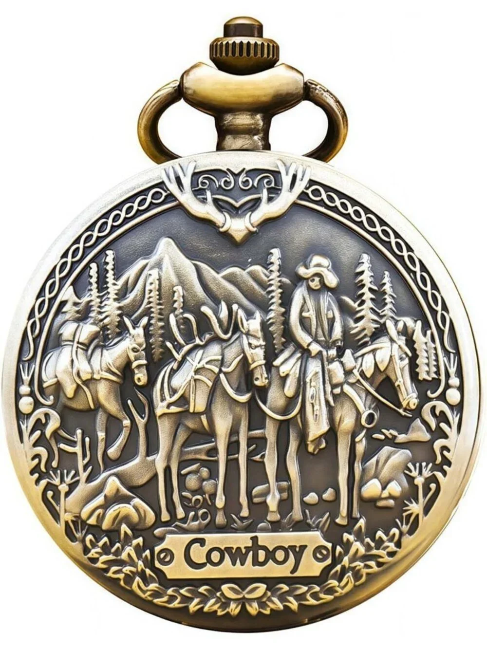 Men's Brown Quartz Engraved Cowboys Bronze Arabic Numerals Chain Pocket Watch